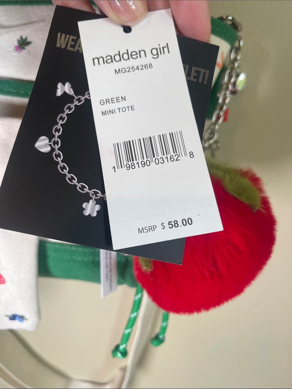 Madden Girl Green and Cream Crossbody Tote with Red Pom Pom - many extras! - Picture 3 of 16